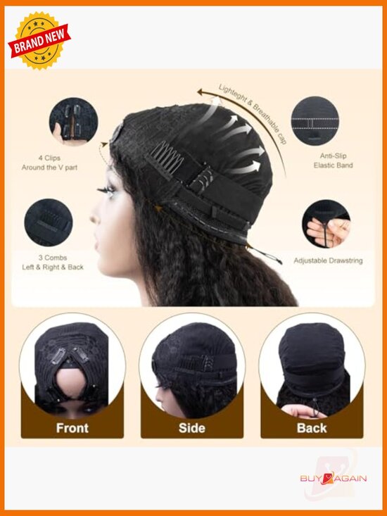 Human Hair V Part Wig with Drawstring 180% Density Half Wig for Women main image 4